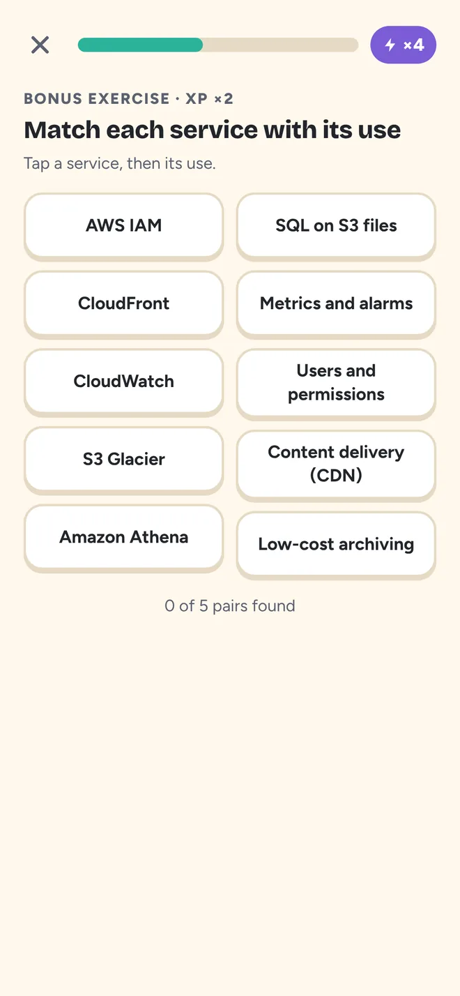 Bonus exercise: match each AWS service with its use.