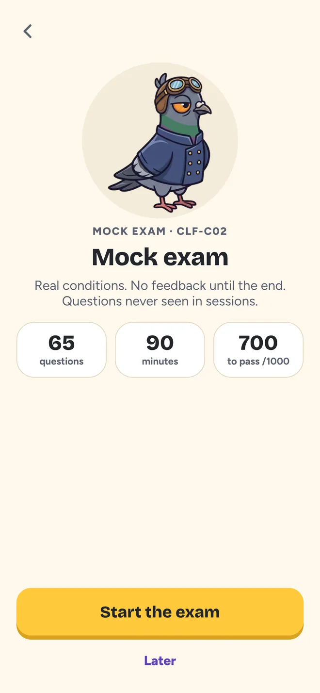 Mock exam screen: 65 questions, 90 minutes, 700 out of 1000 to pass.