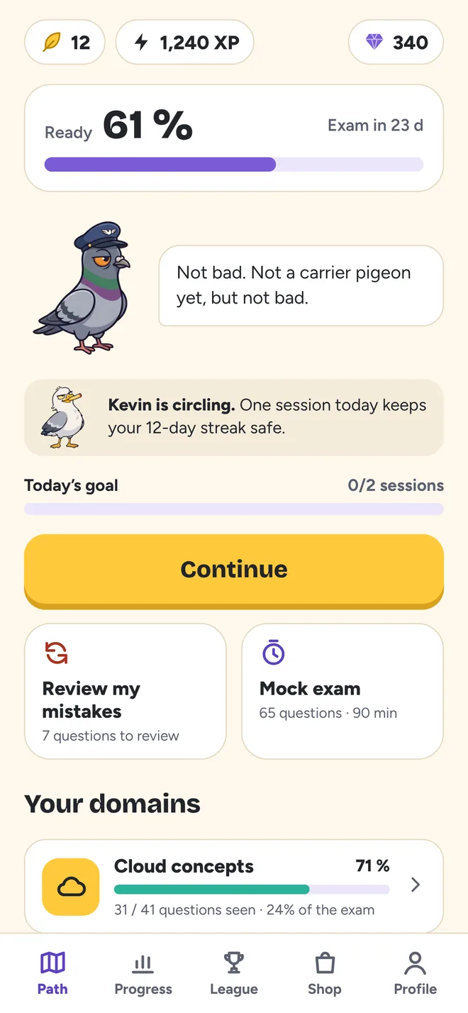 Rokool home screen: readiness gauge at 61%, exam in 23 days, Gérard in a mail carrier cap and Kevin circling a 12-day streak.