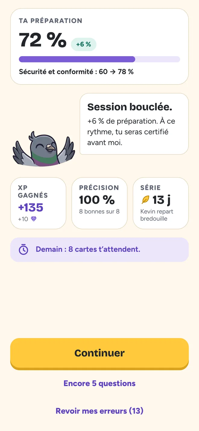Fin de session : préparation en hausse, XP gagnés, précision et série de 13 jours, Gérard qui danse.