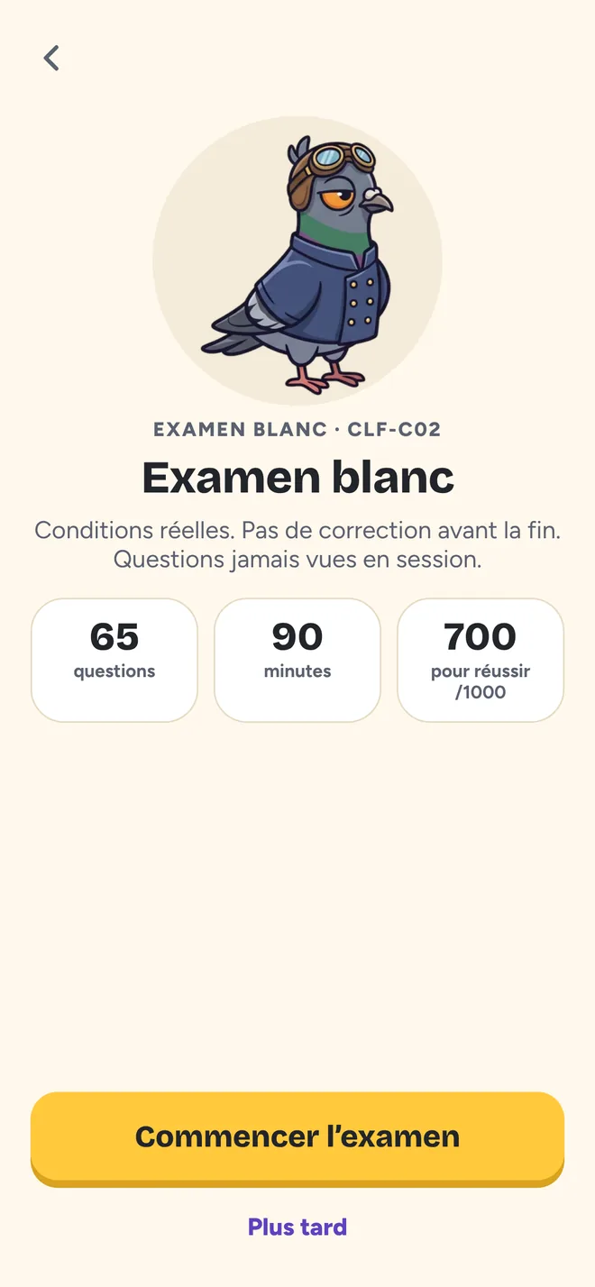 Écran d'examen blanc : 65 questions, 90 minutes, 700 points sur 1000 pour réussir.