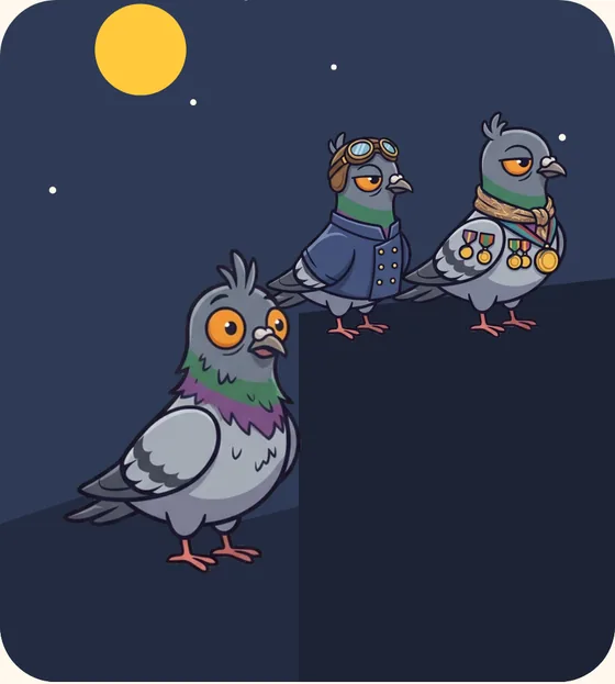 Gérard, amazed, looks up at two carrier pigeons in uniform on a rooftop at night.