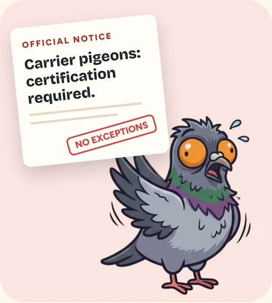 An official notice says certification is required. Gérard panics.